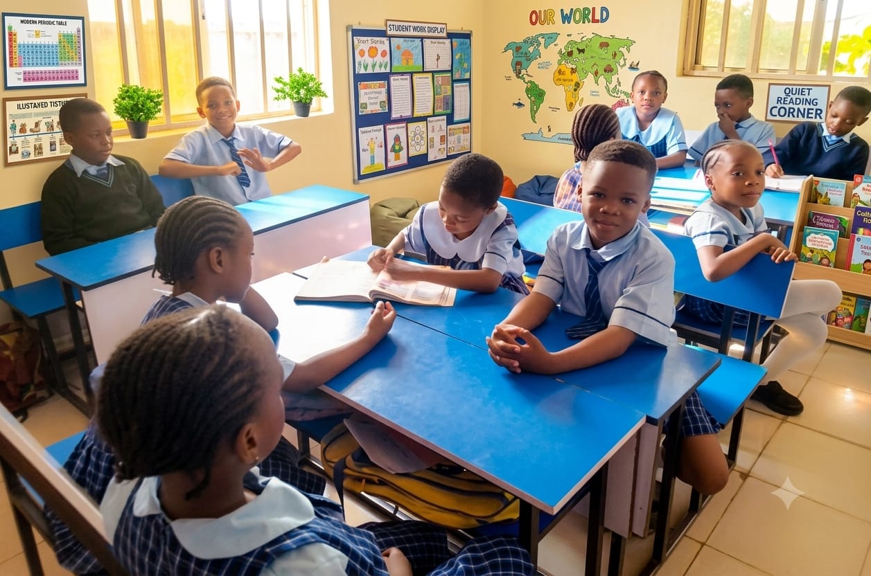 Pupils of Amazing Start Academy in navy and white uniforms smiling in class
